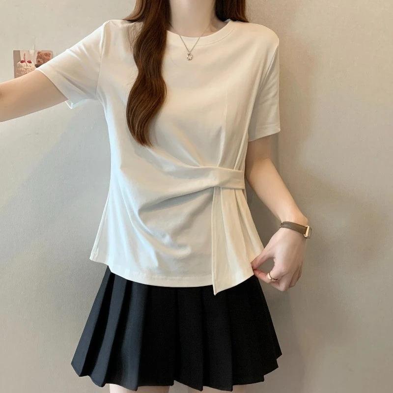 设计感不对称正肩短袖T恤2025夏新款修身显瘦百搭小众洋气衣服女