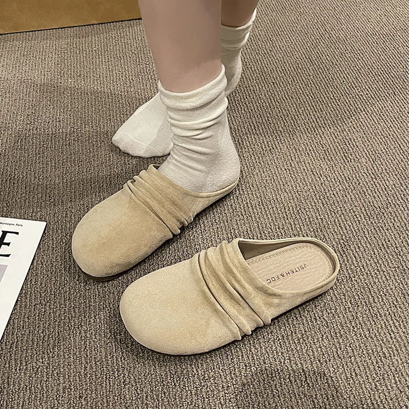 多巴胺休闲懒人勃肯鞋女2025秋季新款褶皱外穿复古百搭包头半拖鞋