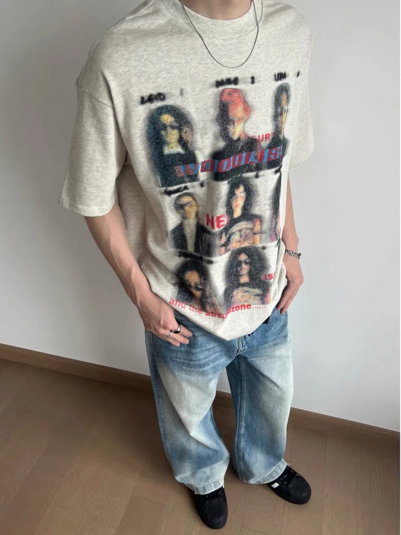 古着vintage模糊人像重磅纯棉短袖t恤男夏季宽松cleanfit半袖上衣