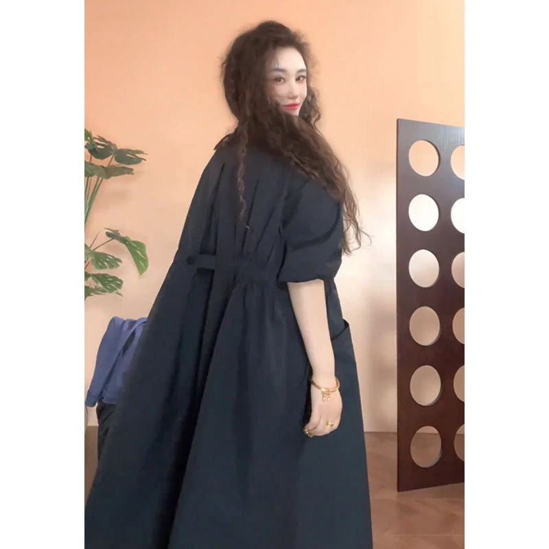 欧洲站2025夏季韩版百搭宽松大码纯色连衣裙女时尚纯色圆领中裙潮