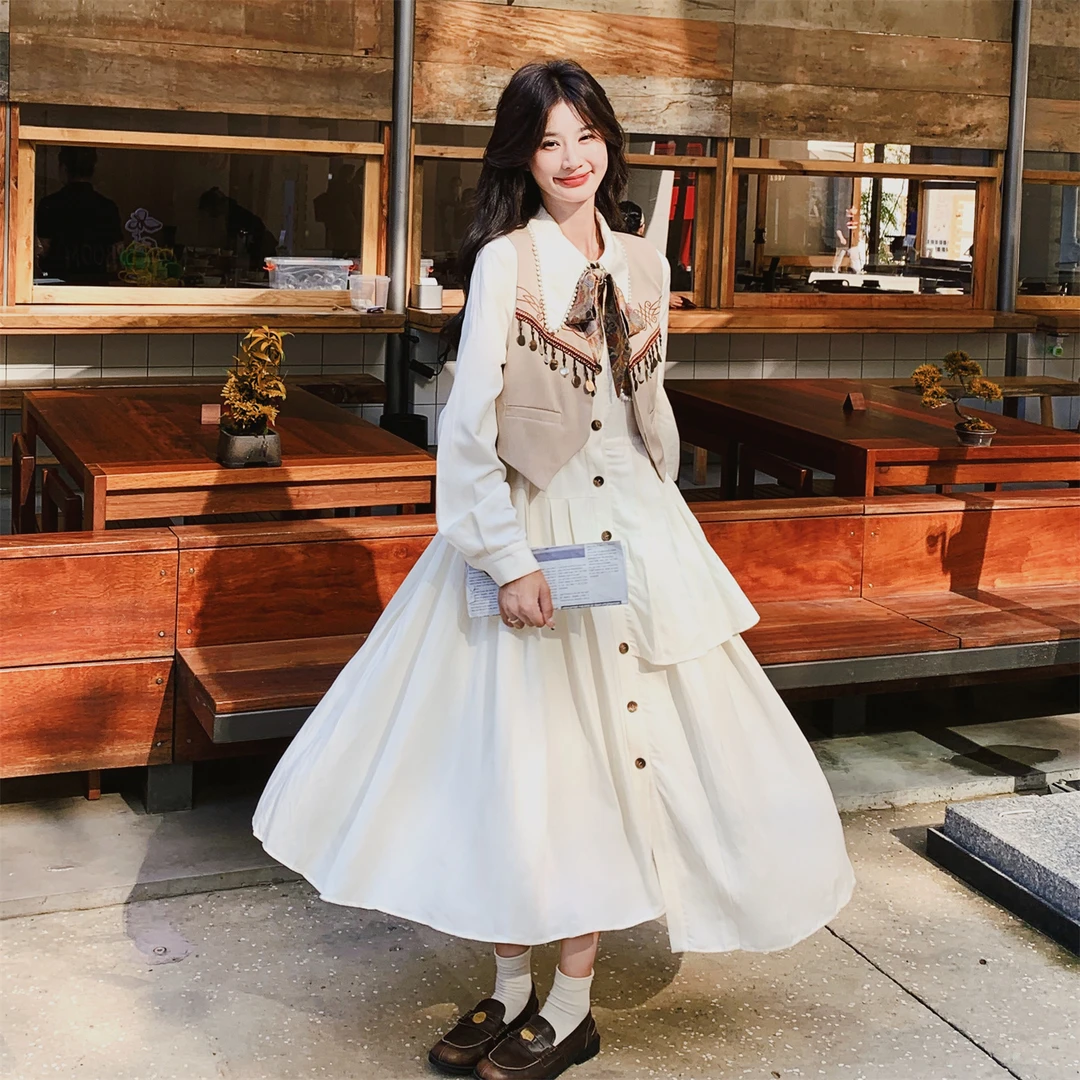 法式复古长袖连衣裙套装女2025秋季新款休闲气质皮衣马甲裙两件套