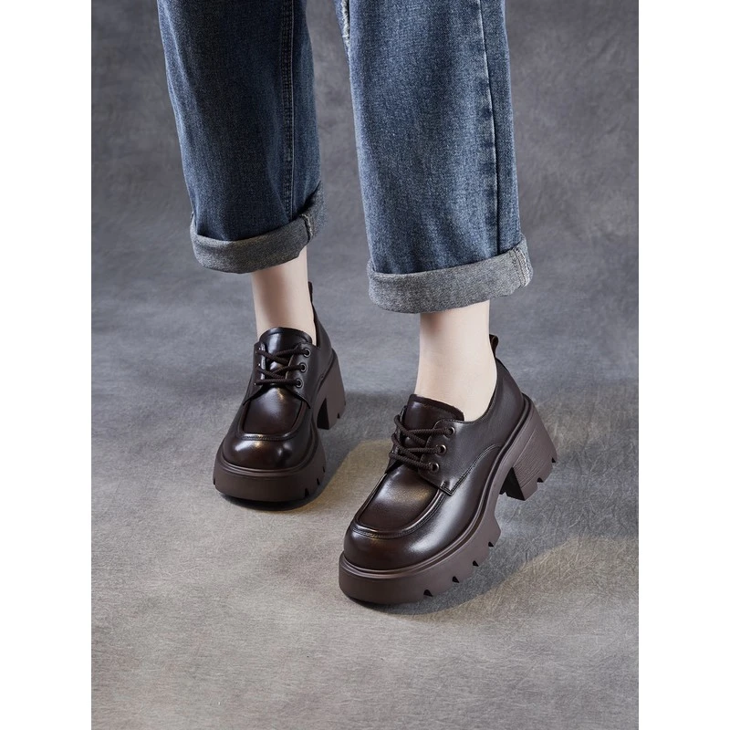 真皮乐福鞋女新款秋季复古软底百搭休闲鞋英伦风系带厚底单鞋女士