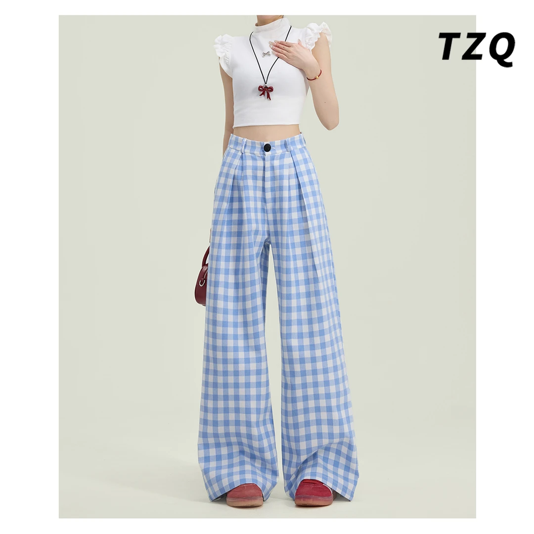 2025秋季新款蓝色格子爆款休闲裤女高腰显瘦百搭阔腿裤TZQ2530734