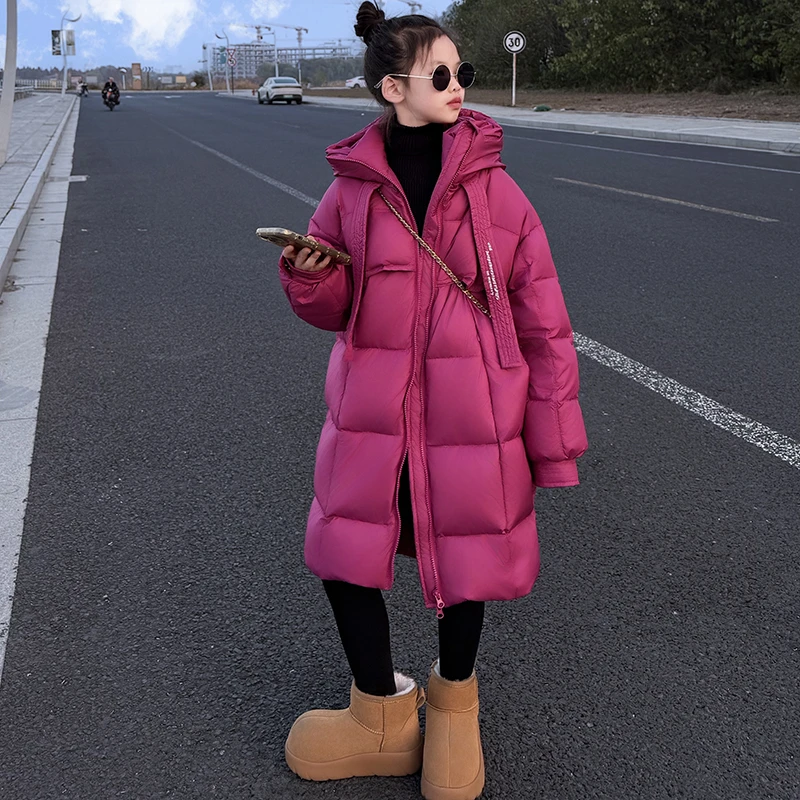 儿童羽绒服2025冬季韩系保暖羽绒服女孩洋气时髦中长款连帽羽绒服