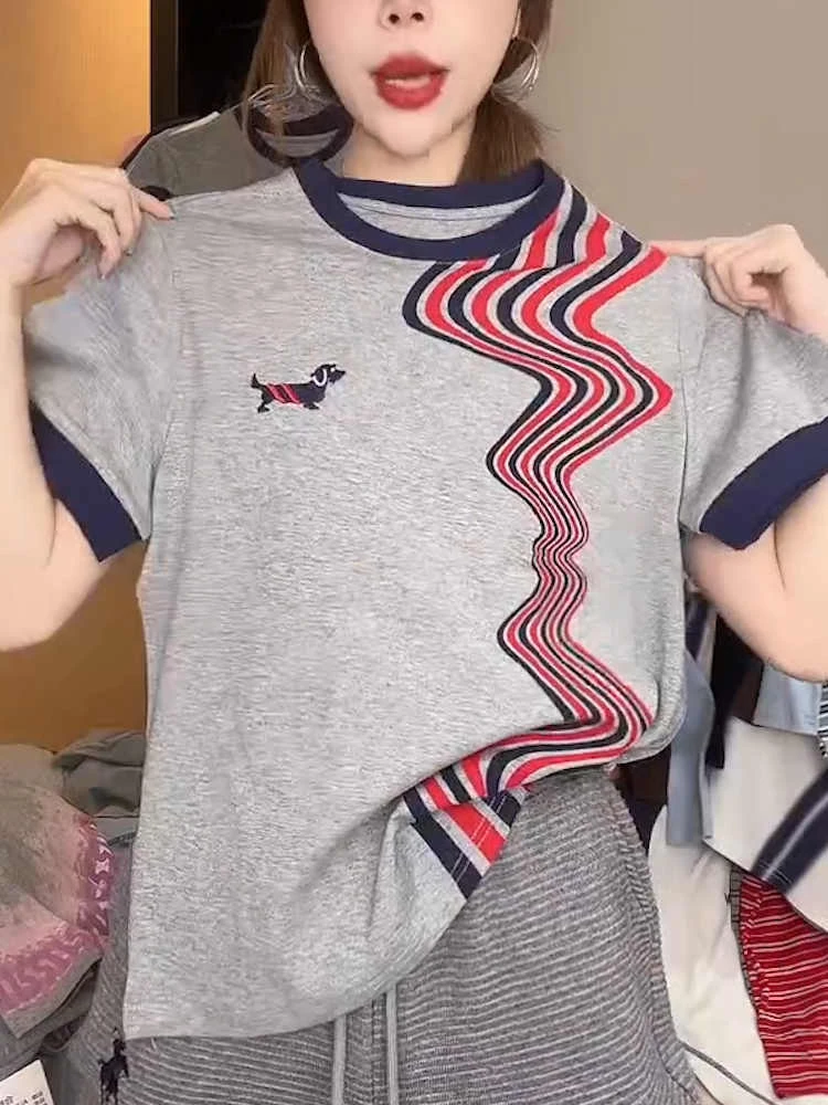 纯棉大码波浪小狗印花短袖t恤女2025夏季新款宽松显瘦时尚上衣女