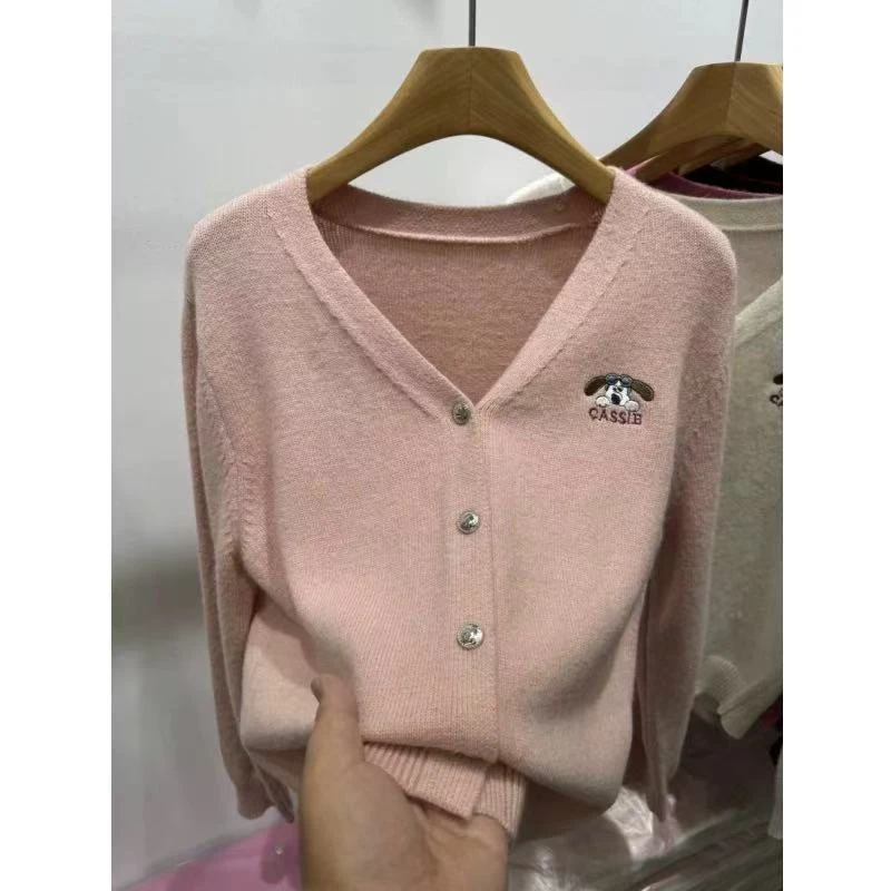 1017短款女皮粉色针织衫宽松毛针织衫薄款圆领长袖时尚开衫气质