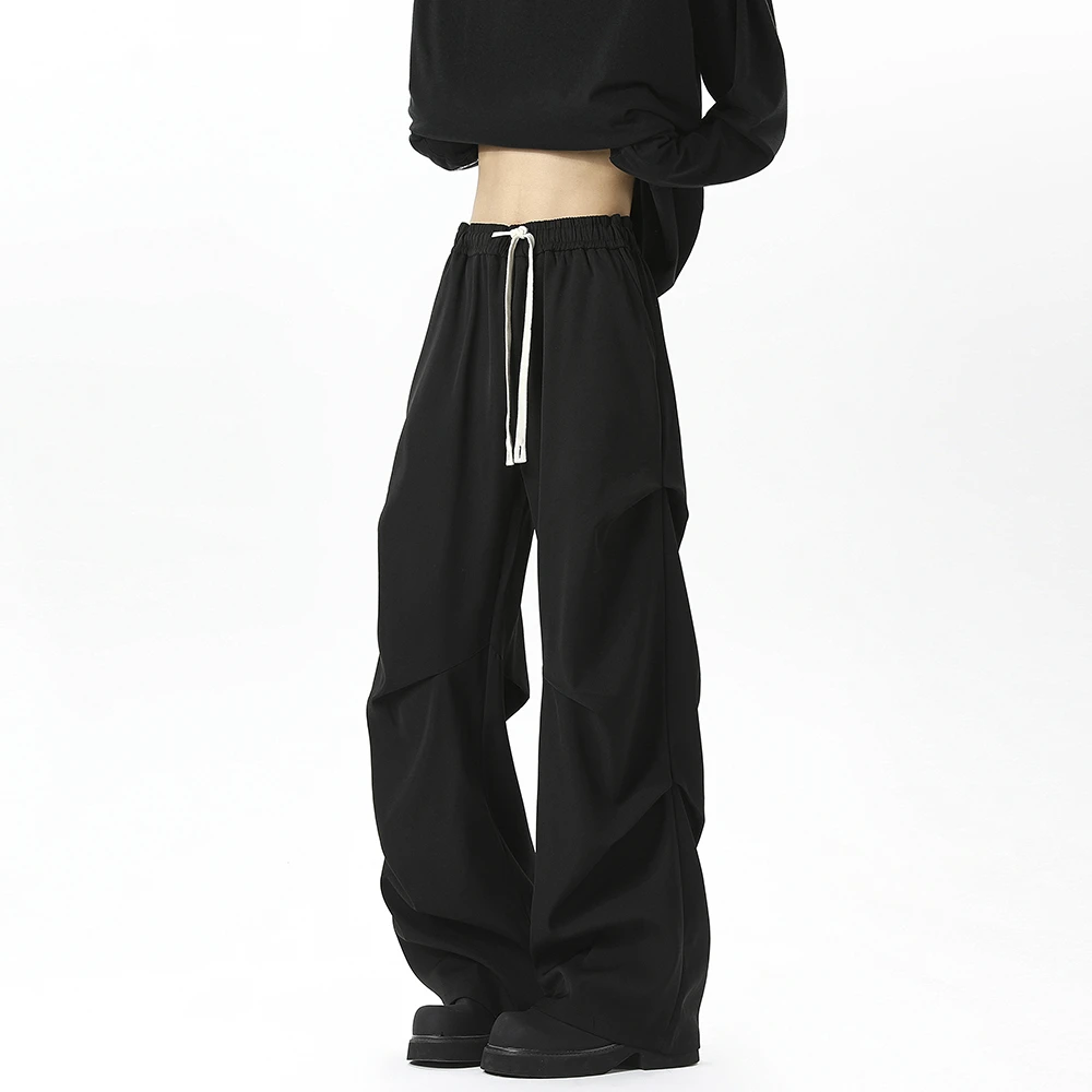 【微喇阔腿裤】美式小众褶皱休闲裤男女宽松休闲微喇裤高级感黑色