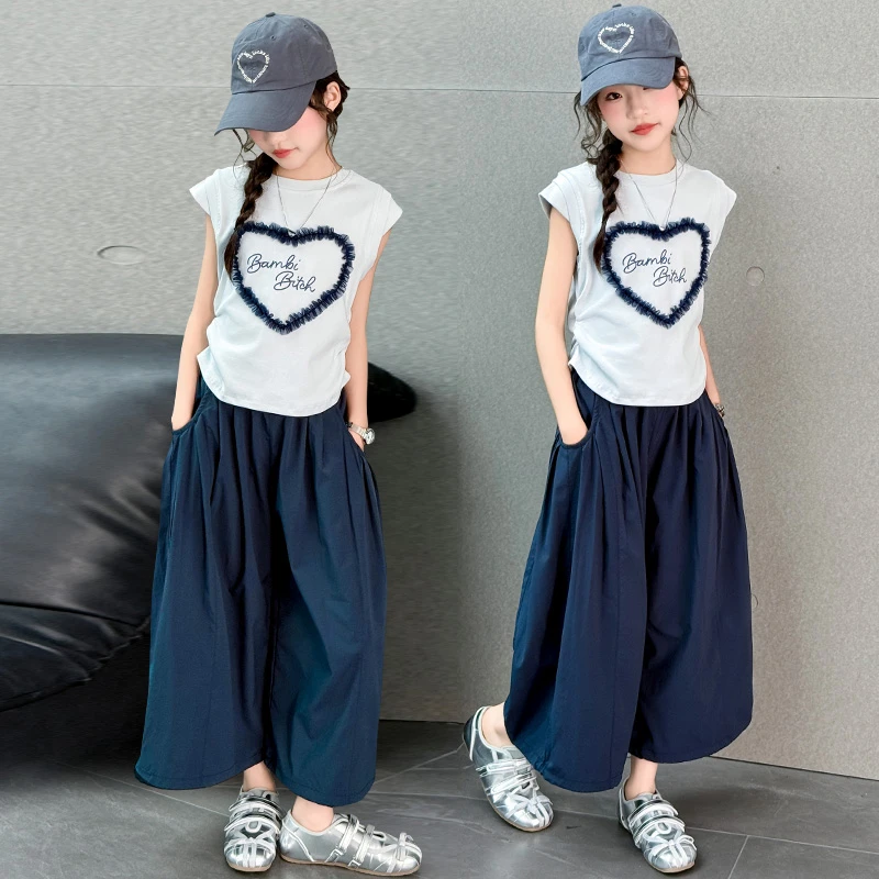 女童夏装套装2025新款洋气儿童短袖七分阔腿裤女大童12-15两件套