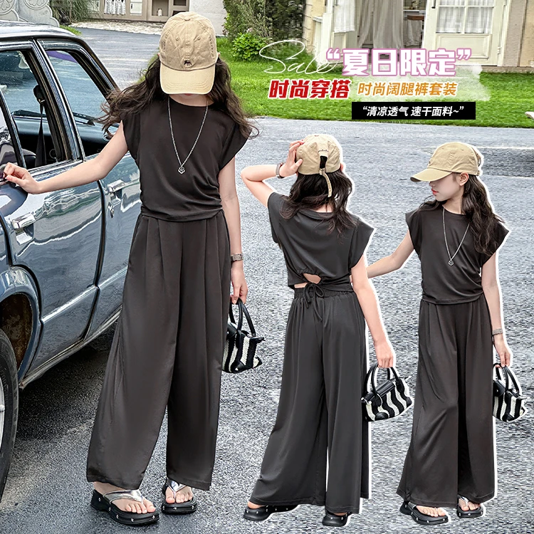 女童夏季套装2025新款儿童洋气时髦短袖上衣女宝宝阔腿裤两件套潮