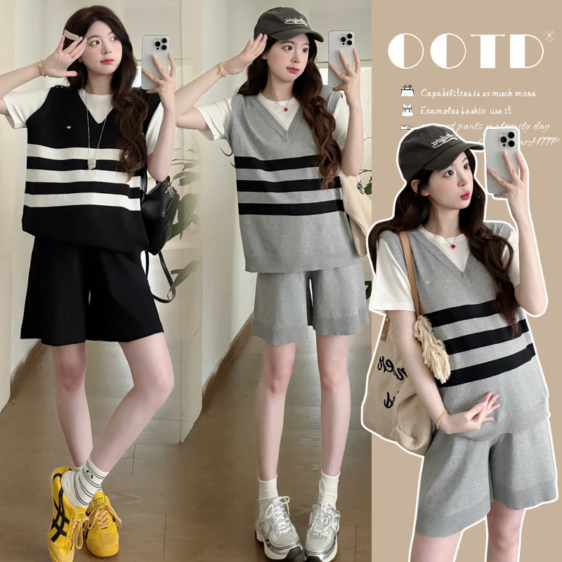 孕妇夏装套装2025新款时尚高级感慵懒风假两件针织上衣休闲短裤女