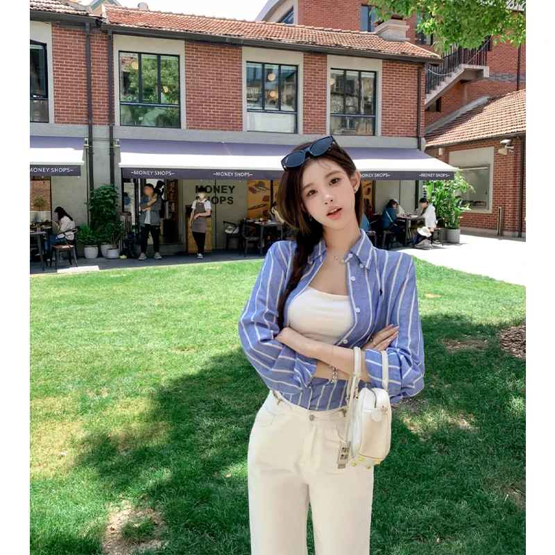 LAFAN 小马刺绣条纹天丝亚麻衬衫 松弛感多巴胺穿搭 夏季防晒衬衣