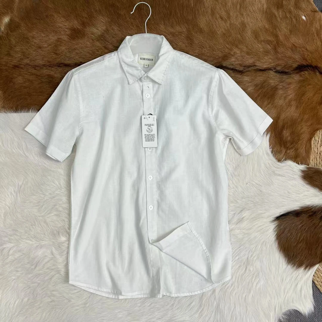 外贸订单 55%亚麻 男士基础简约白色夏季棉麻短袖衬衫 衬衣