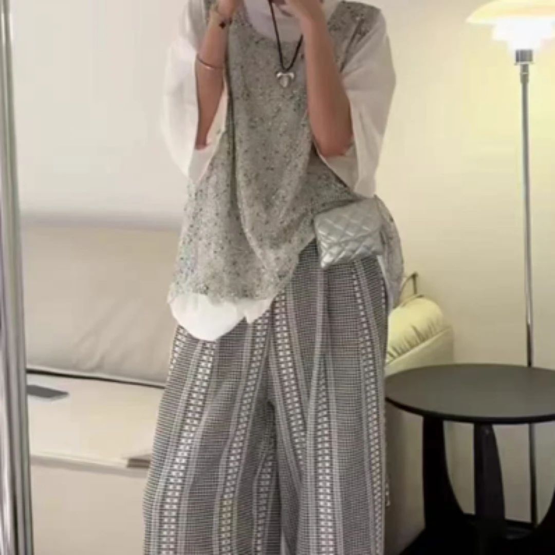 法式镂空混纱网格吊带背心女夏季薄款宽松显瘦设计感马甲上衣套装