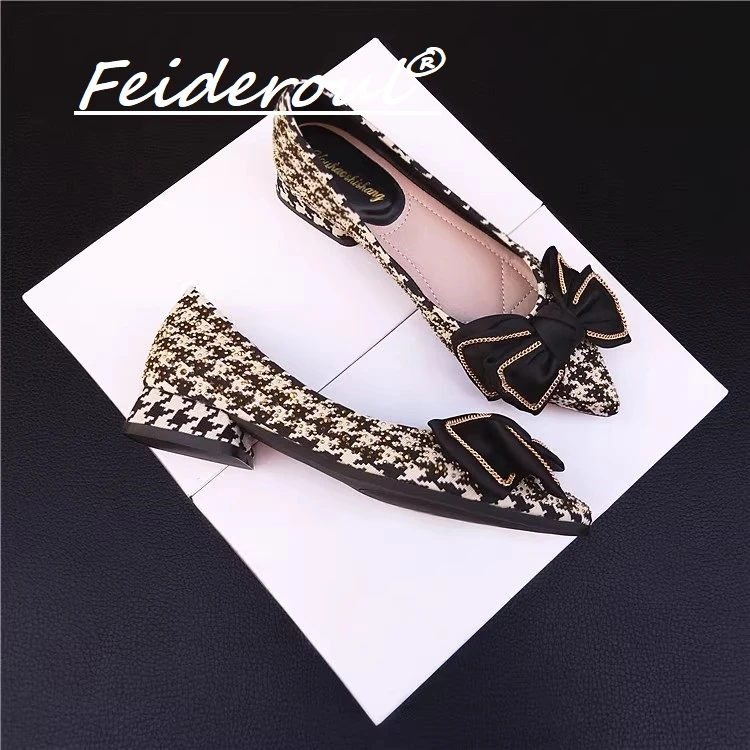 Feideroul粗跟单鞋尖头2025新款百搭蝴蝶结浅口千鸟格中跟瓢鞋