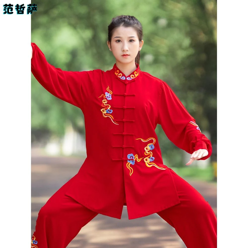 2025新款太极服女款红色绣花祥云太极拳八段锦表演服年轻人