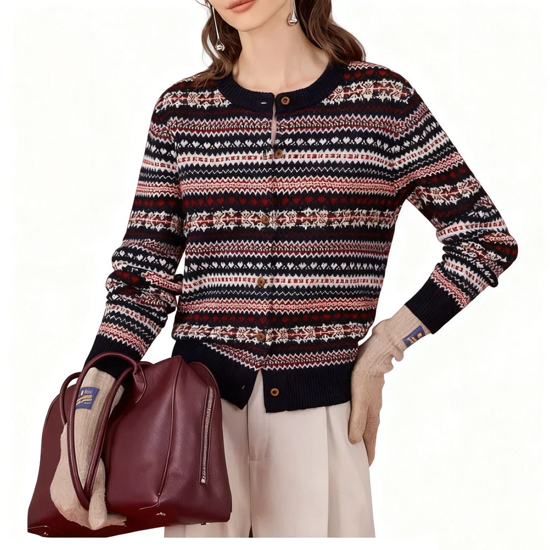 过年系列！绵羊毛费尔岛拼色圆领针织开衫女秋冬