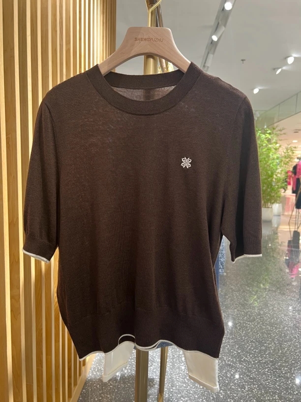 声雨竹7R726秋季五分袖薄款拼接圆领纯色毛针织衫套头针织衫简约