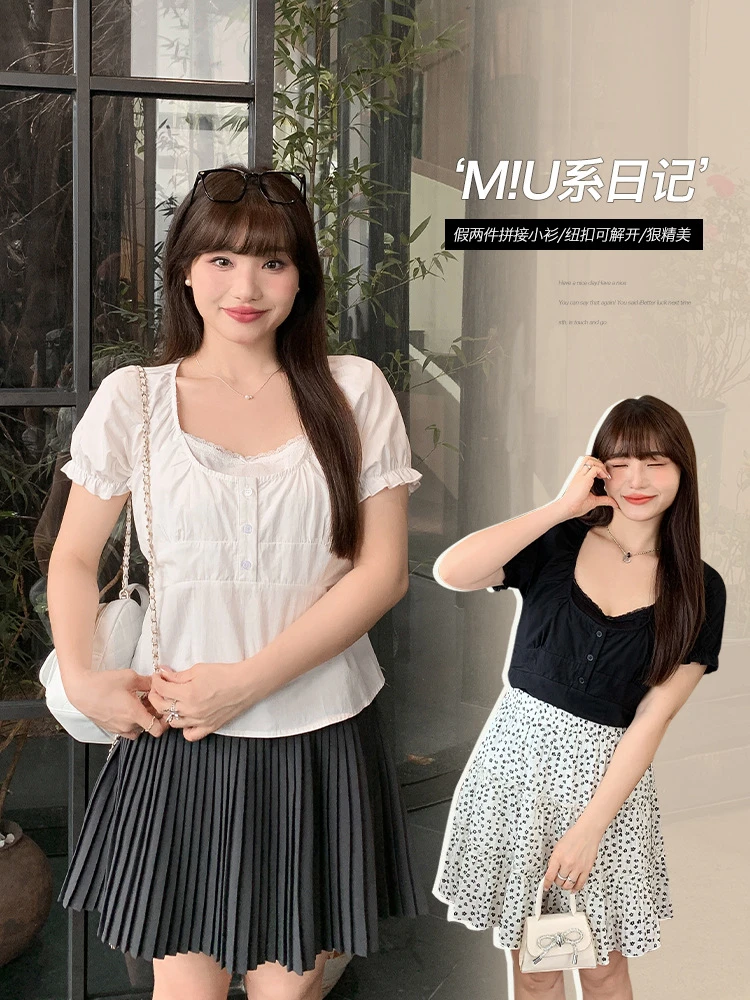 法式气质假两件U领短袖衬衫夏季女装大码胖mm设计感减龄上衣65001