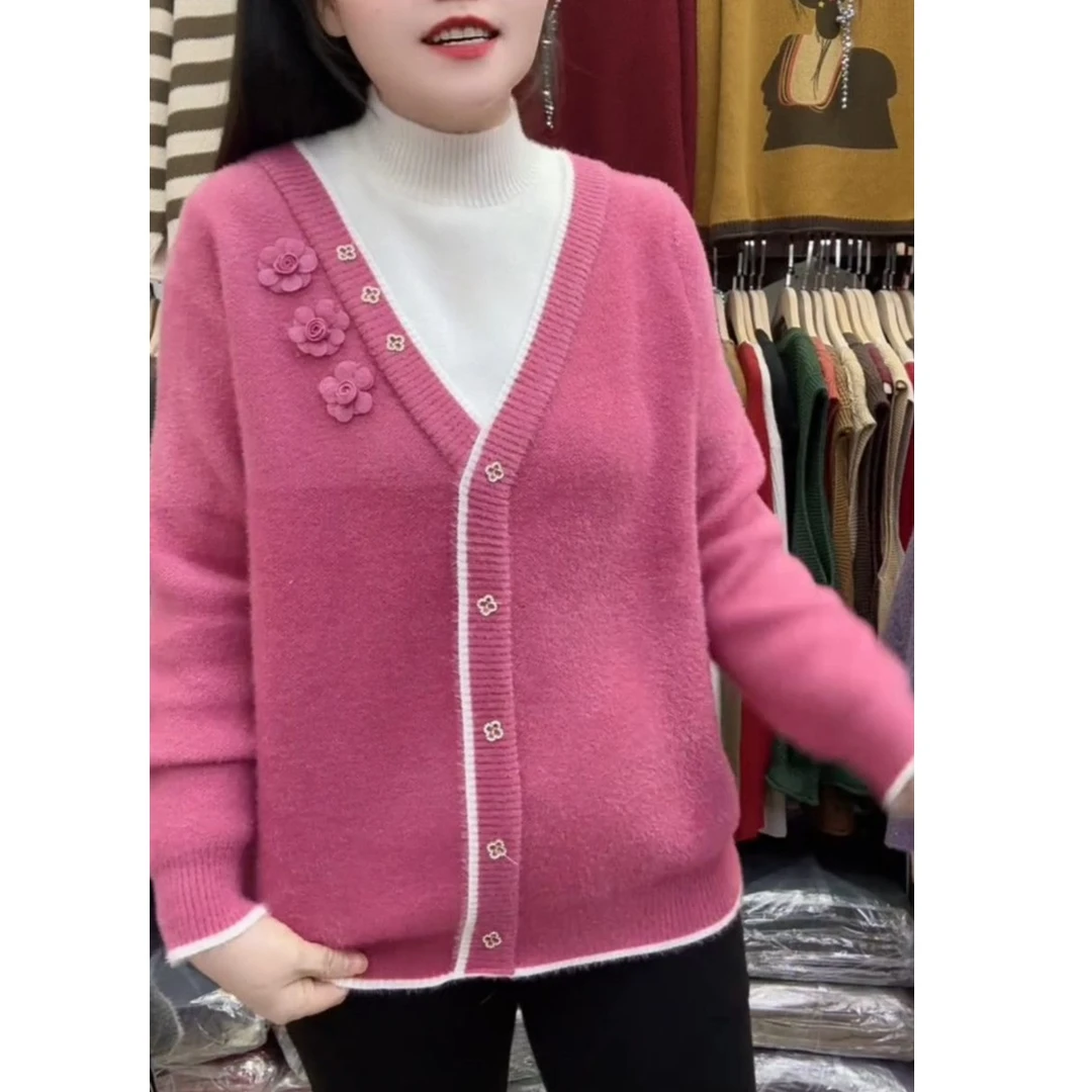 秋冬加厚款保暖防水貂绒毛衣不起球半高领花朵精致洋气休闲百搭暖