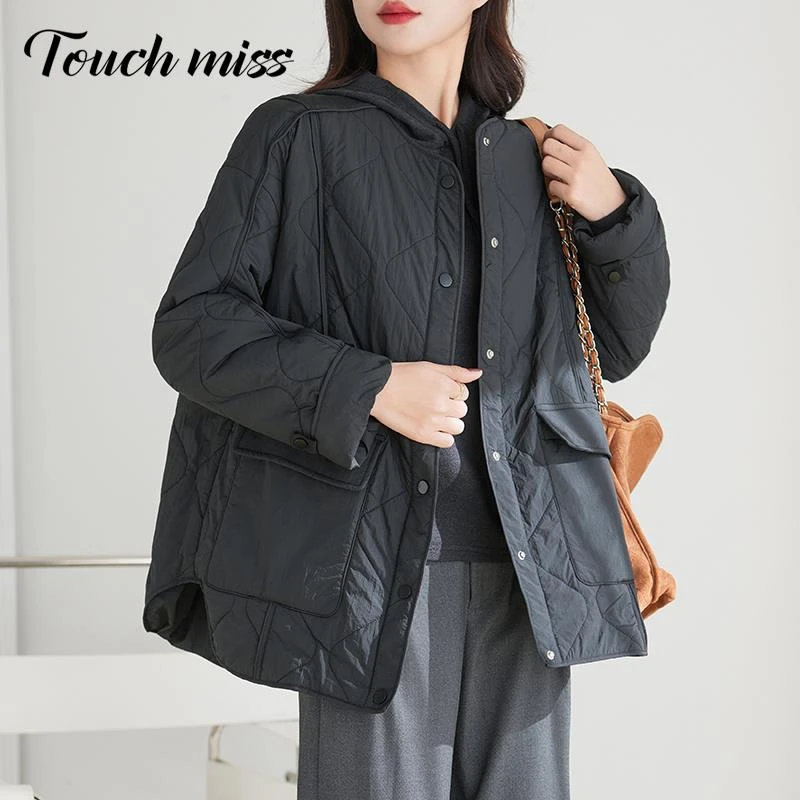 TOUCH MISS内里100%绵羊毛填充宽松休闲中长款圆领棉服外套