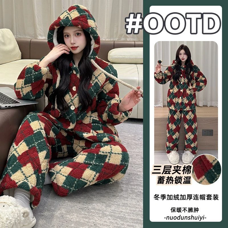加绒加厚保暖2025冬季半边绒睡衣女珊瑚绒三层夹棉简约家居服外穿