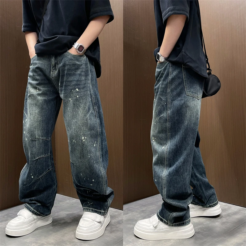 甩漆长裤拉链复古渐变做旧宽松百搭2025秋冬季直筒破洞弯刀牛仔裤