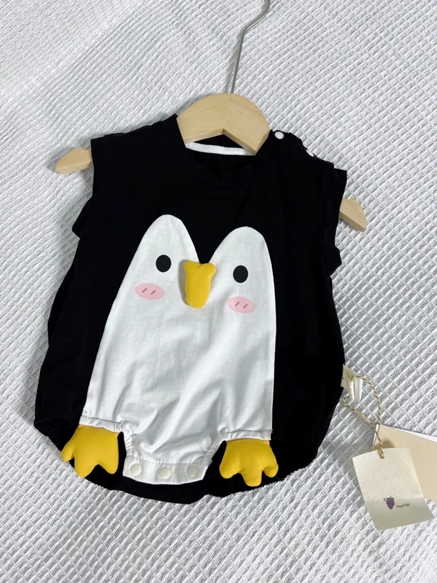 套头无袖长袖休闲风夏季哈衣爬服拼色黑色连体衣卡通