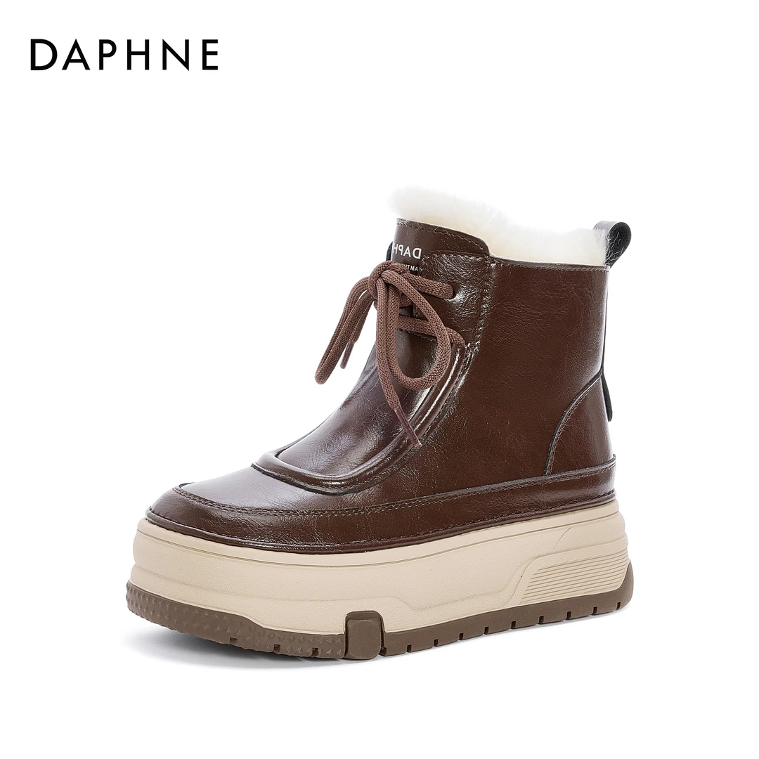 达芙妮2024冬季休闲百搭高帮防滑厚底加绒英伦风圆头时尚雪地靴