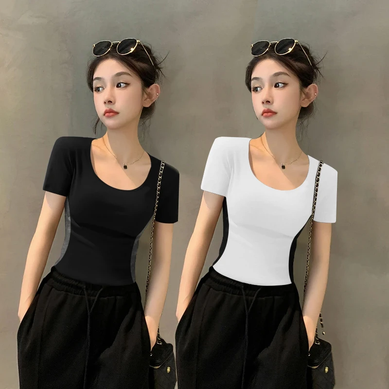 2025夏季打底衫T恤撞色圆领鱼骨紧身短袖抗起球常规纯色显瘦韩版