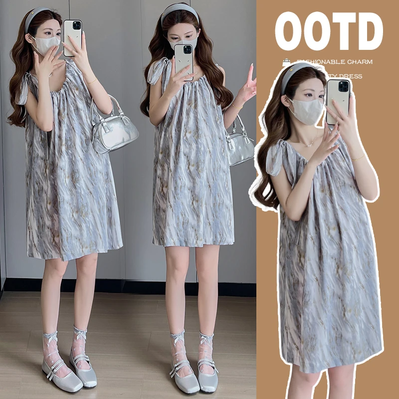 小个子孕妇装2025夏季新款韩版温柔风宽松藏肉印花无袖吊带连衣裙