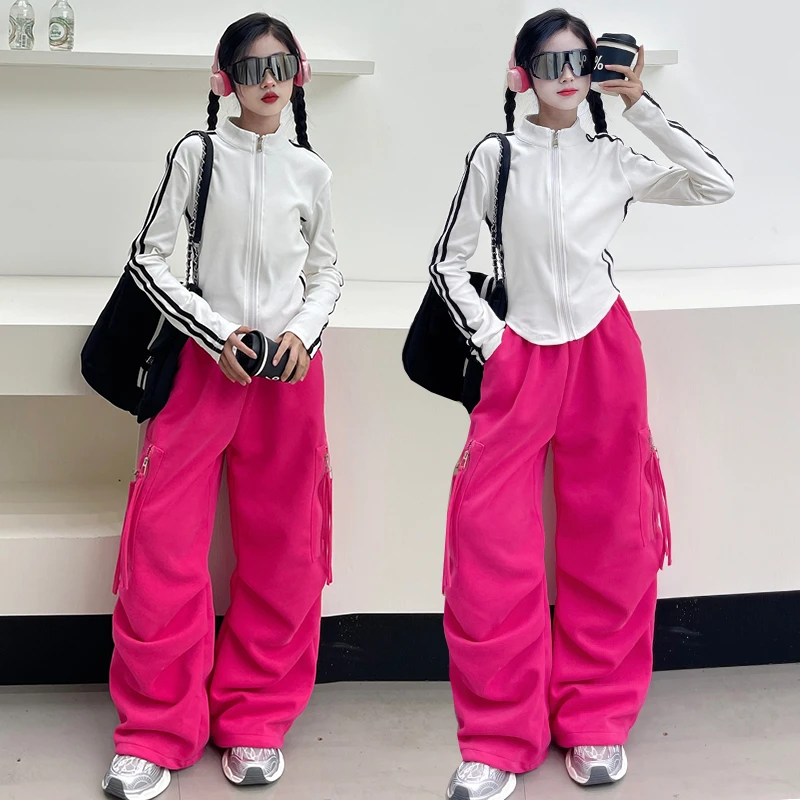 女童美式工装裤玫粉色宽松跳舞街舞长裤阔腿飘带裤子重工设计长裤