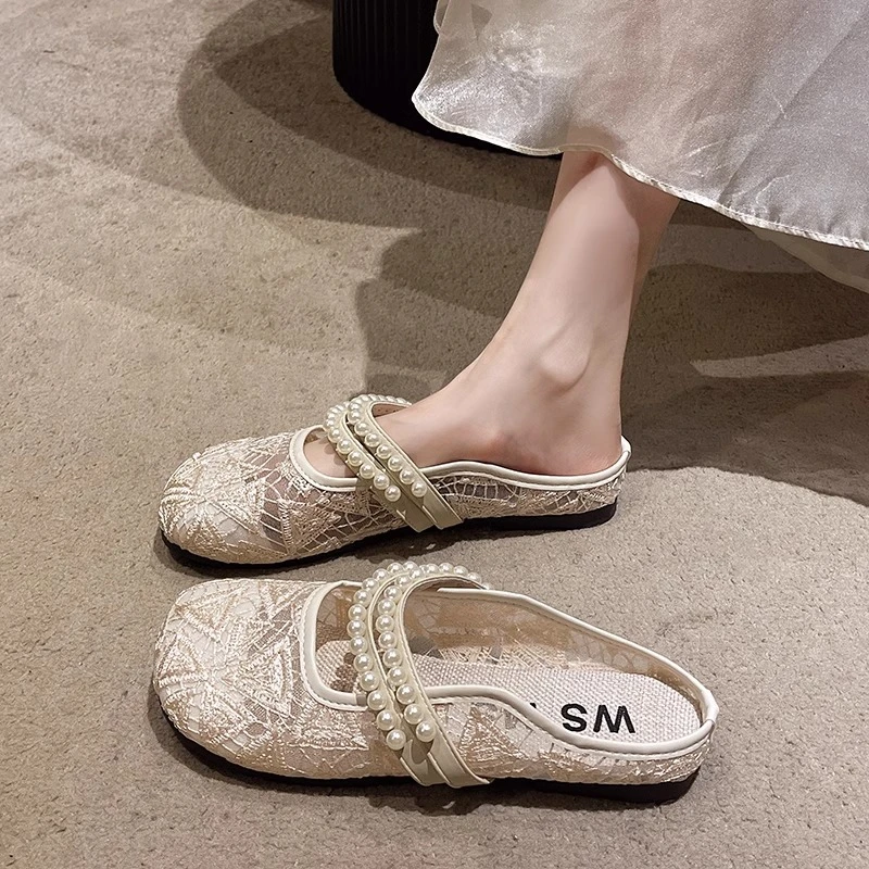 小香风渔夫鞋女夏外穿2025新款平底一脚蹬包头半拖鞋网面透气凉拖