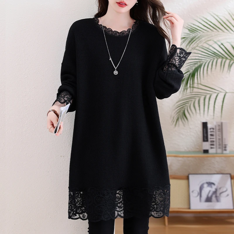 圆领拼接蕾丝钩花针织衫女2025秋冬新款宽松显瘦休闲风中长款上衣