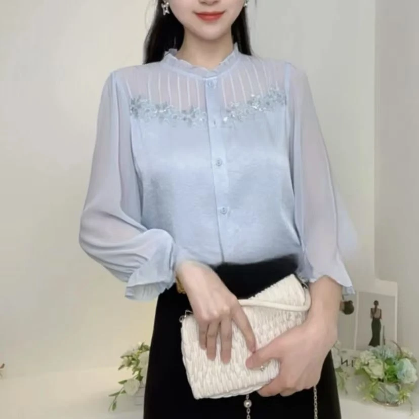 法式木耳领七分袖衬衫女春夏季新款洋气减龄漂亮小衫蕾丝宽松上衣