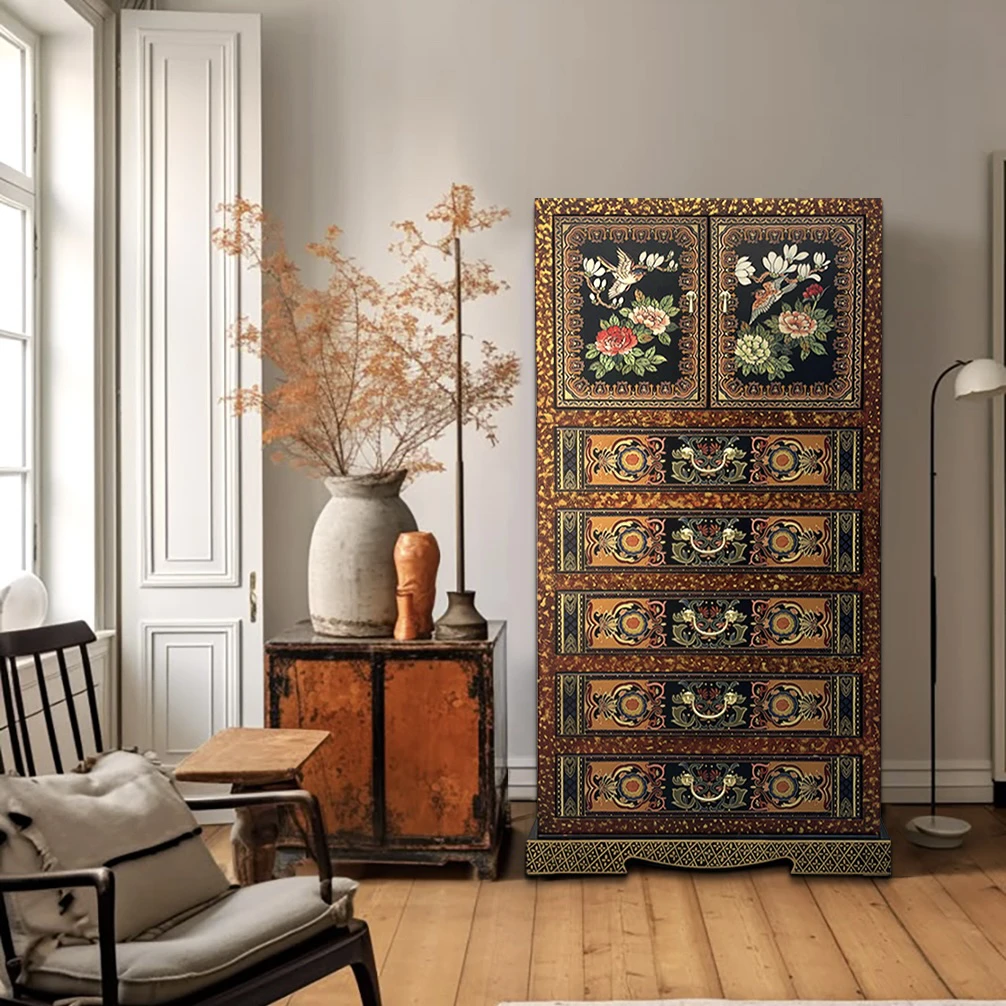 【本尼家】TS87新中式国风古典描金手绘漆画玄关柜70*42*140cm