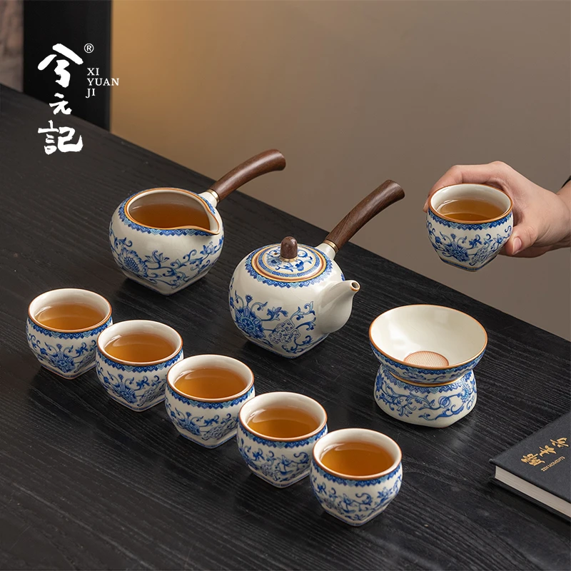 当代青花汝窑功夫茶具套装2025新款陶瓷侧把茶壶茶杯家用泡茶器具