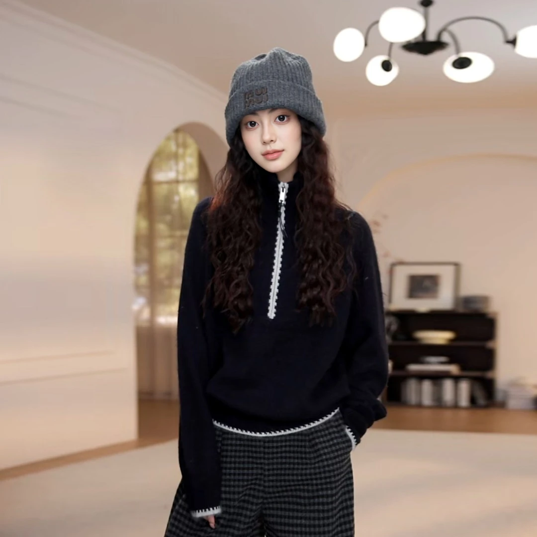 秋冬新款气质休闲高领半开领毛衣女设计感慵懒风宽松长袖针织衫