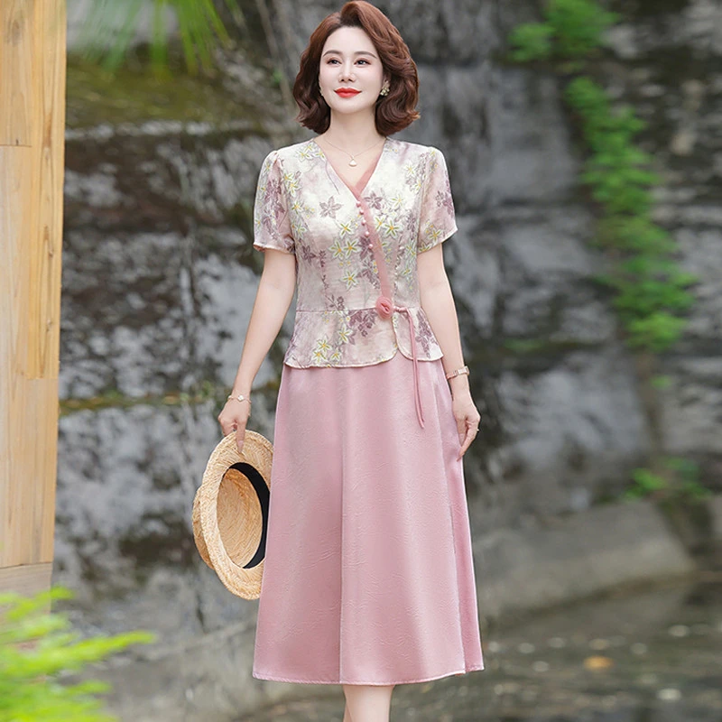 妈妈夏装新中式假两件连衣裙年轻时尚中老年女夏季新款短袖提花裙