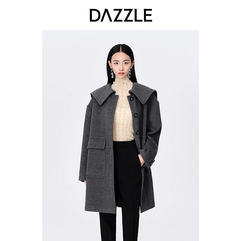DAZZLE地素款翻领廓形中长款毛呢衣2E4G3051F