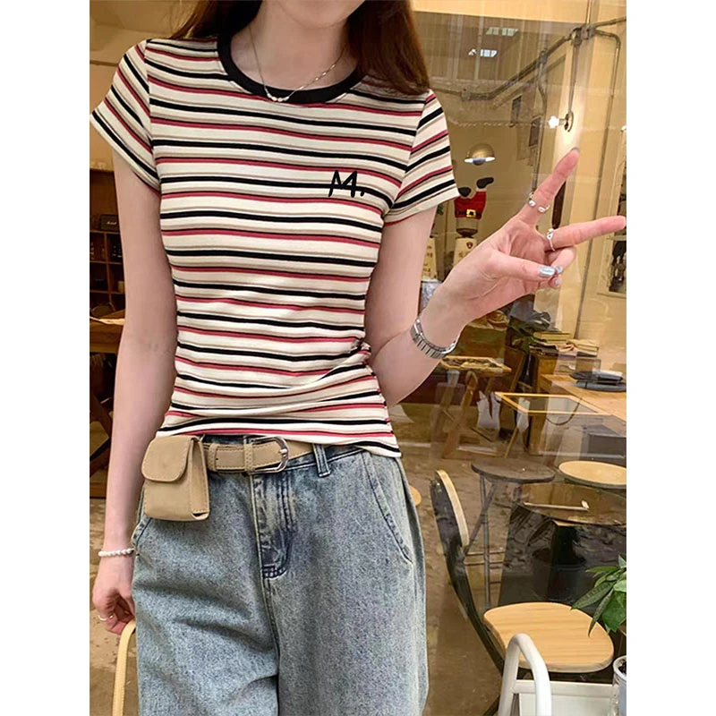 2025夏季潮流正肩拼色条纹圆领短袖t恤女装ins时尚百搭洋气上衣潮