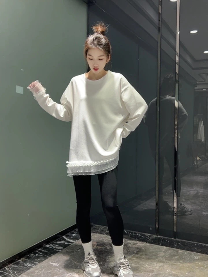 长袖T恤女2025新款拼接蕾丝宽松显瘦网红棉质t恤时尚印花上衣女