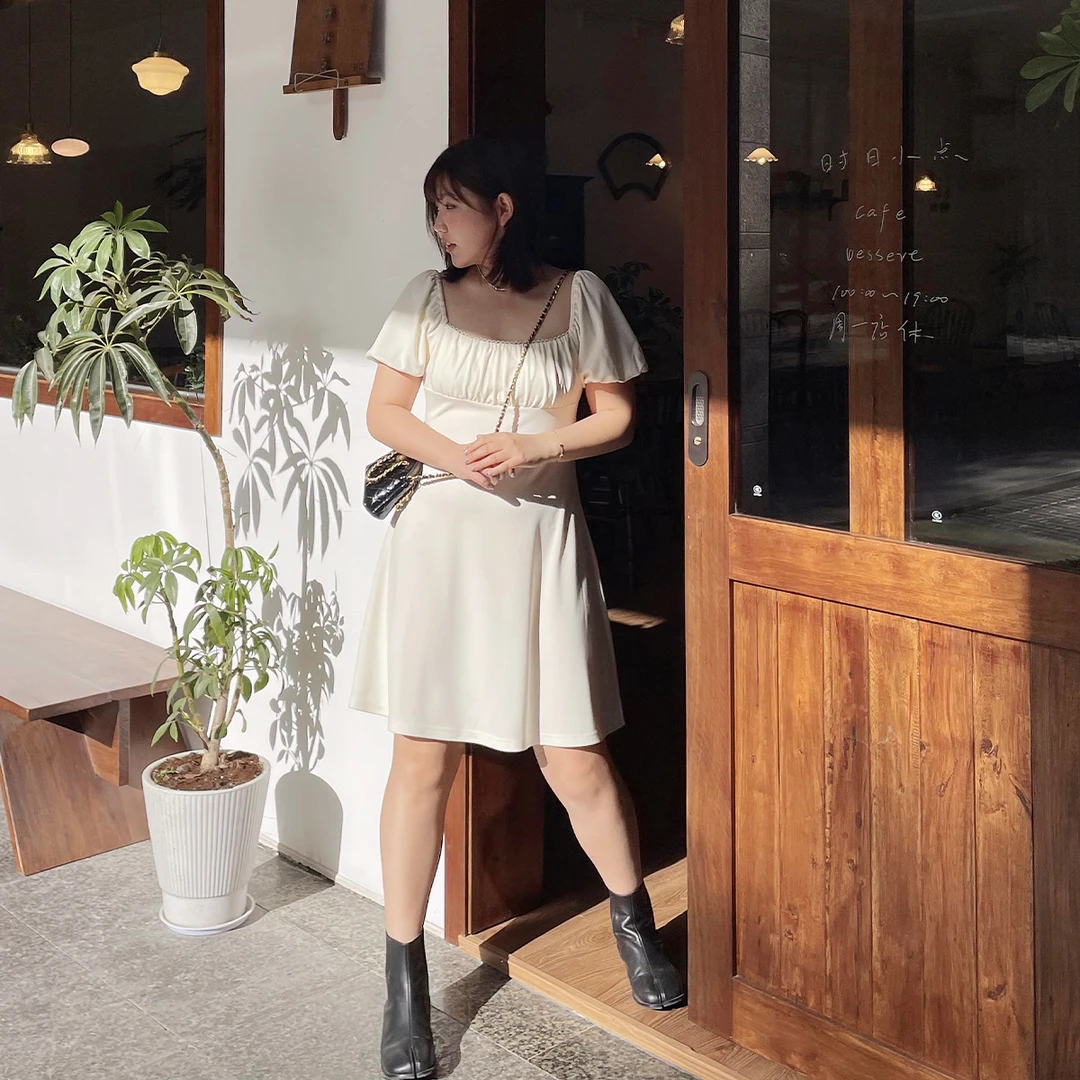 晶咕白标~梯形领铜氨显瘦方领连衣裙气质高腰法式夏季时尚短款