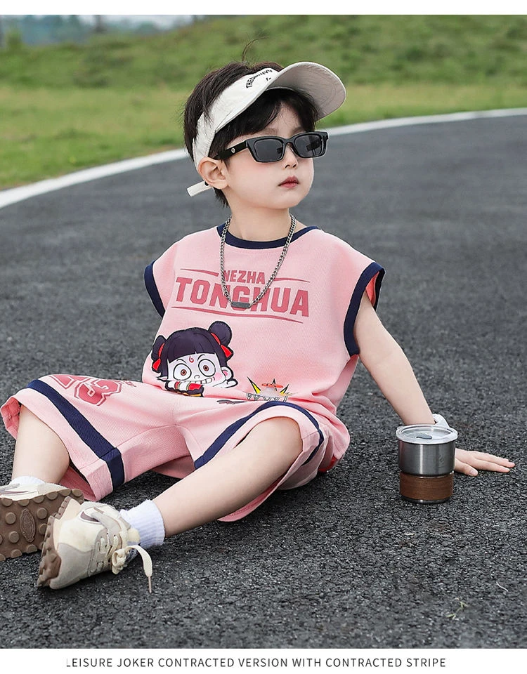 2025小童休闲速干中大童套头男夏季运动服男童潮酷背心套装韩版潮