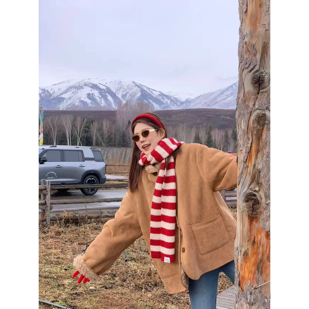 48H【两穿皮毛一体】加长羔羔毛机车服宽松加厚麂皮毛毛外套25346