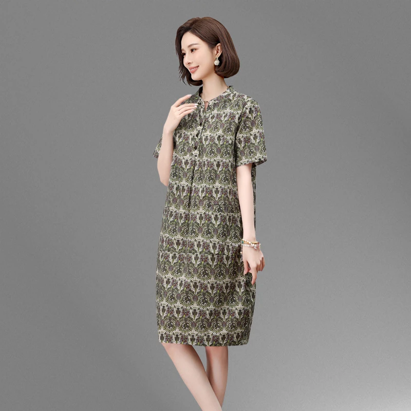 连衣裙女中长款2025新款夏季气质高端大码宽松文艺风妈妈纯棉裙子