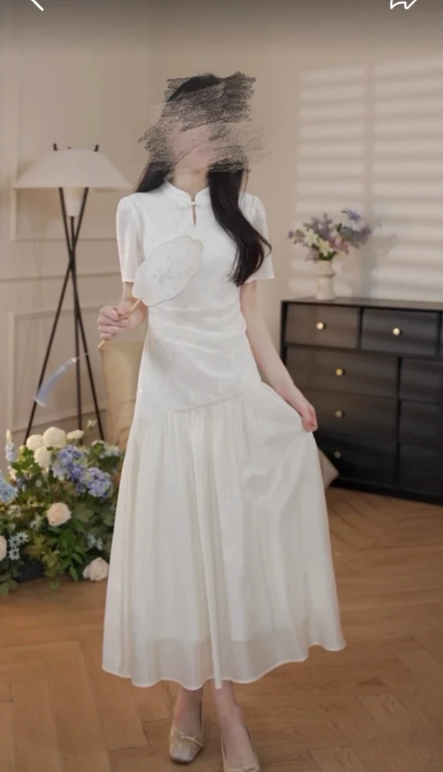 2025新款流光似锦新中式国风设计感女夏收腰细闪连衣裙