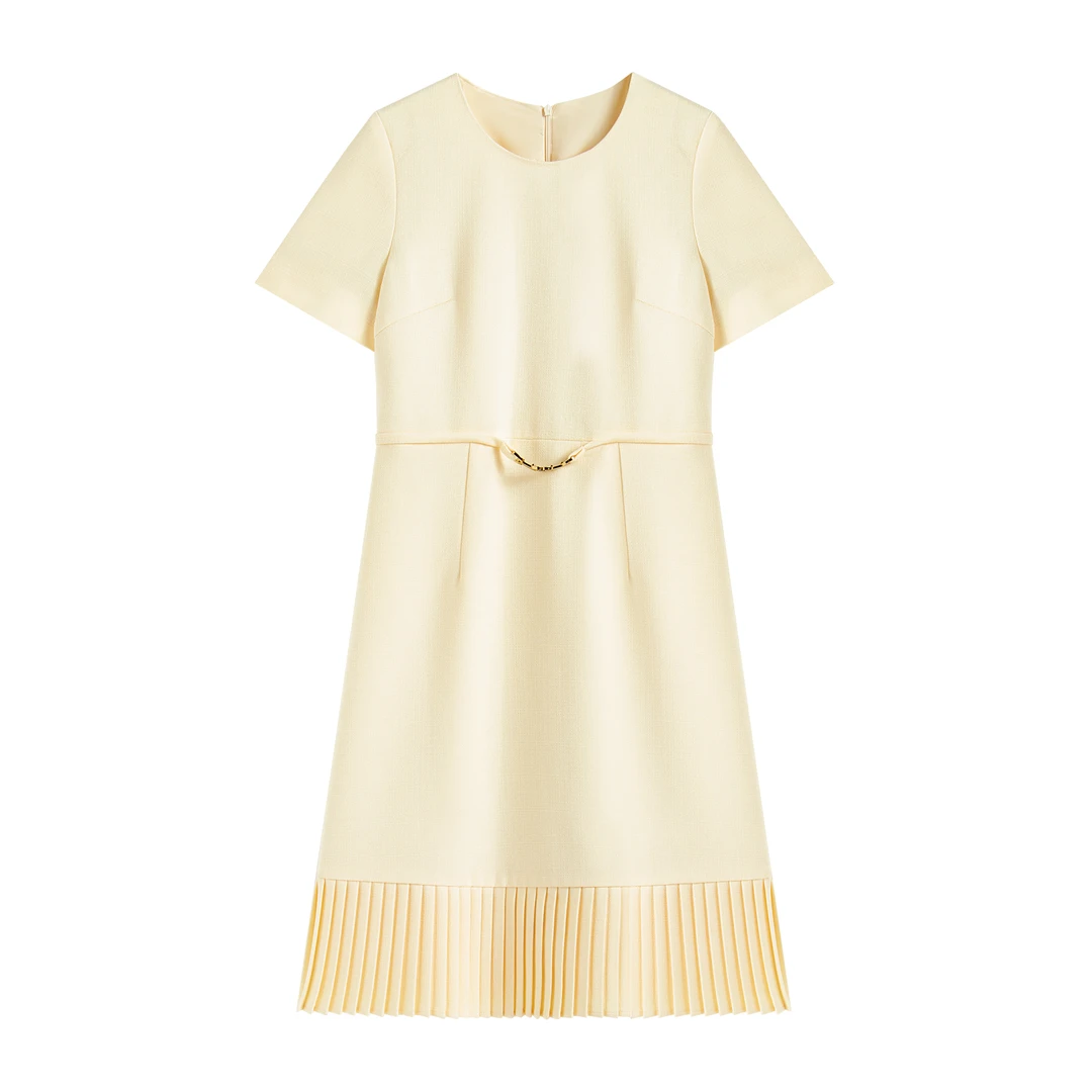 【深圳虹姐】新款圆领短袖百褶下摆法式连衣裙