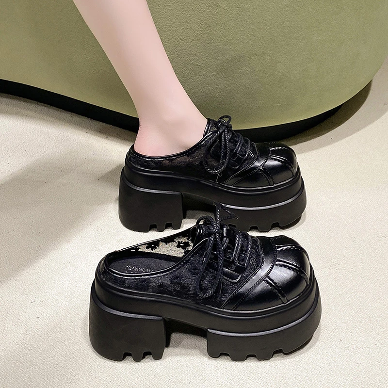 包头半拖鞋女夏2025新款外穿镂空网面松糕鞋10cm厚底增高懒人凉拖