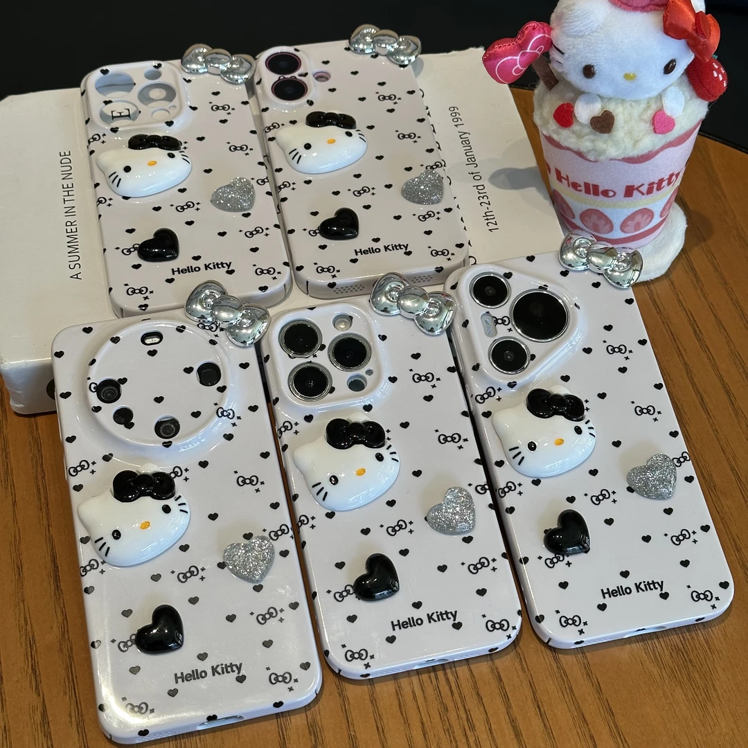 欧克里里波点黑色爱心kitty适用苹果16手机壳华为P70oppo小米vivo