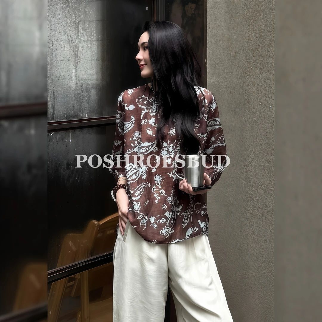 POSHROSEBUD【琥珀森林】100莱赛尔复古印花半袖气质上衣衫-W61800